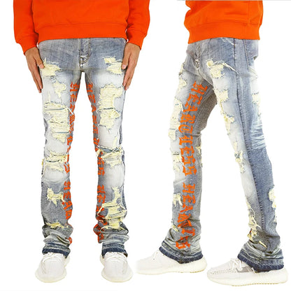 Manufacturer wholesale streetwear letter printed ripped denim jeans custom distressed jeans flare designer stacked jeans men