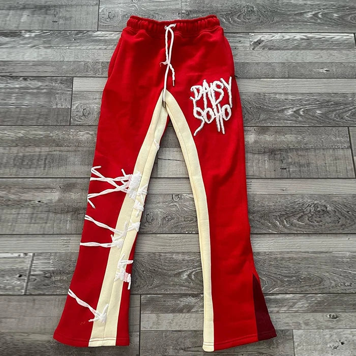 HUILIN factory custom Logo fleece joggers sweatpants 100% cotton 3D Puff Print french terry baggy stacked flare sweat pants men