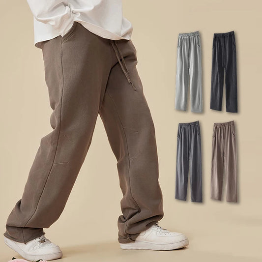 HUILIN Manufacturer OEM Solid Color 380Gsm Cotton Blank Wide Leg Sweatpants Men Raw Hem Vintage Washed Sweatpants