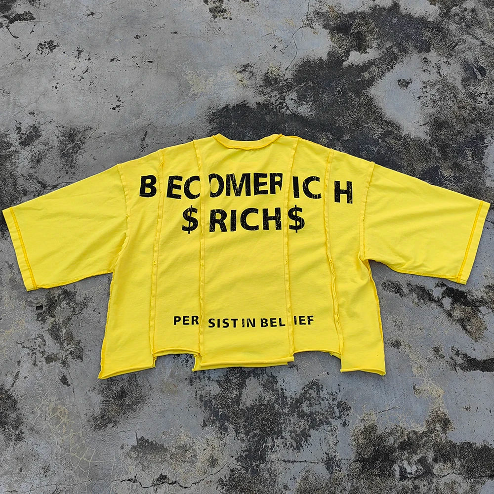 Printing Reversed Stitching Spliced Panel Unisex Streetwear Boxy Tshirts Custom Thick Cotton Men Raw Hem Cropped T Shirts