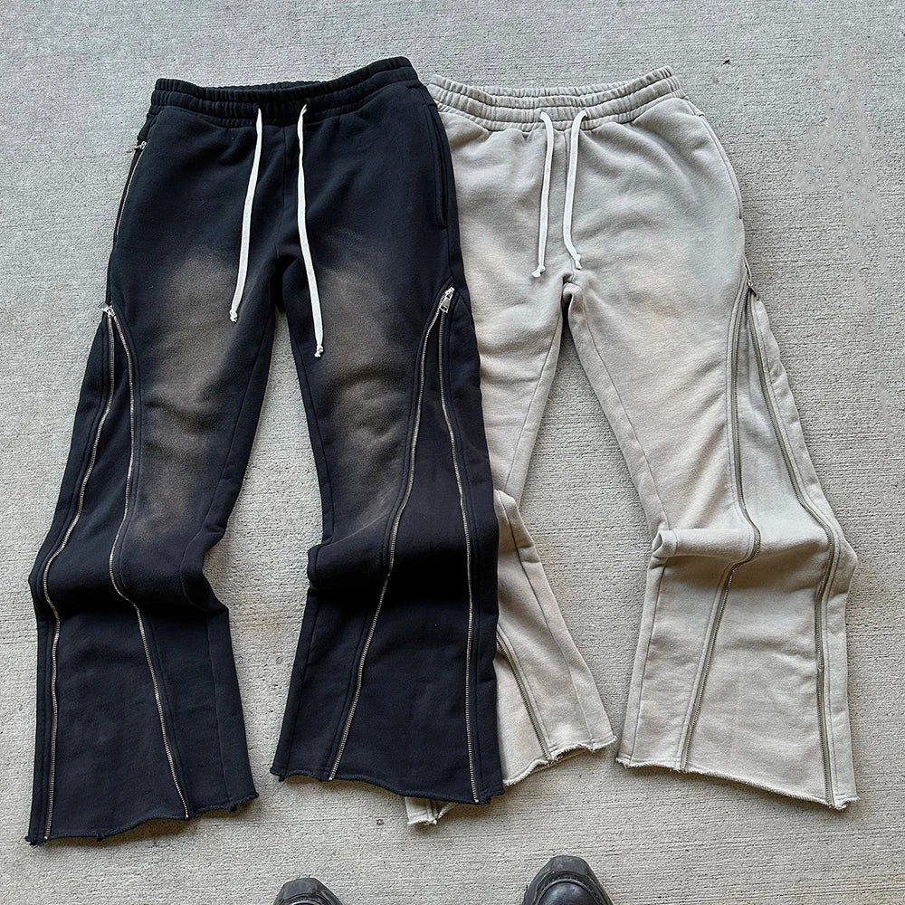 Huilin Vintage Washed Thick Cotton Streetwear Jogger Pants Custom Sun Faded Men Zipper Design Flared Leg Sweatpants