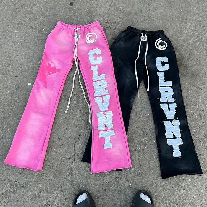 Huili Oem Heavyweight Jogger Pants Men Custom Embroidery Logo Patched Sunfaded Washed Straight Leg Raw Hem Flared Sweatpants