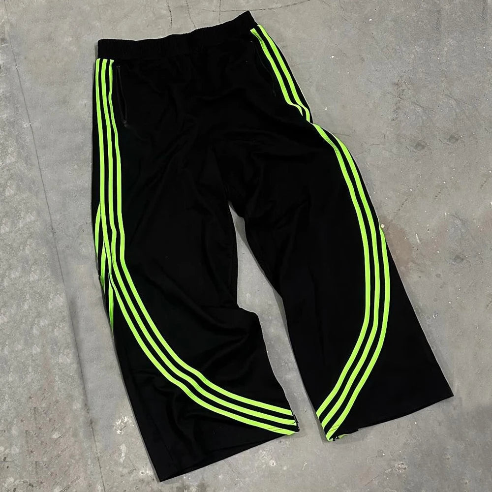 Huilin Factory Oem High Quality Thick Cotton Track Pants Trousers Custom Straight Wide Leg Men Heavyweight Striped Sweatpants