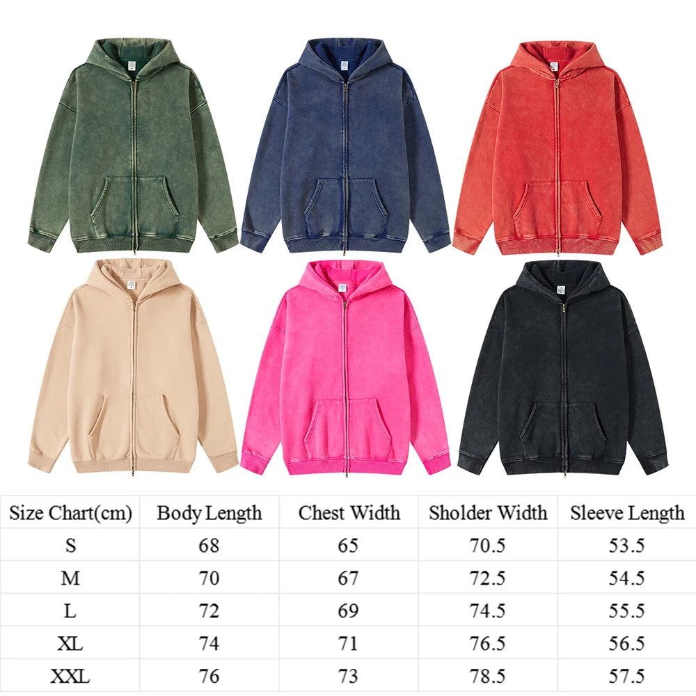 Huili Low Moq High Street Unisex Oversized Heavyweight Cotton Hoodie Jacket Men Custom Vintage Washd Two Way Zip Up Hoodie