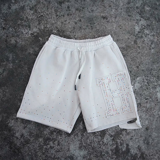 Huilin Custom Distressed Applique Patch Embroidery Thick Cotton French Terry Shorts Men Sunfaded Washed Rhinestone Sweat Shorts