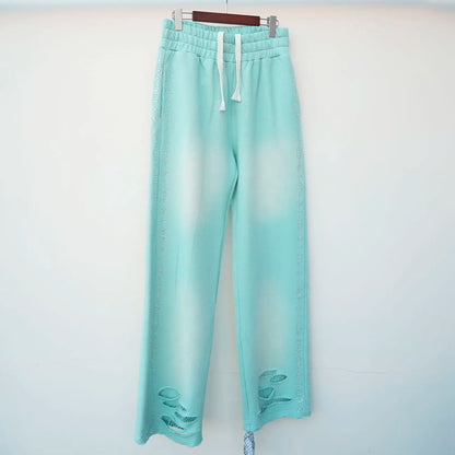 Heavyweight Cotton Vintage Sunfaded Washed Sweat Pants Custom Embroidery Logo Men 3D Puff Printed Rhinestone Sweatpants