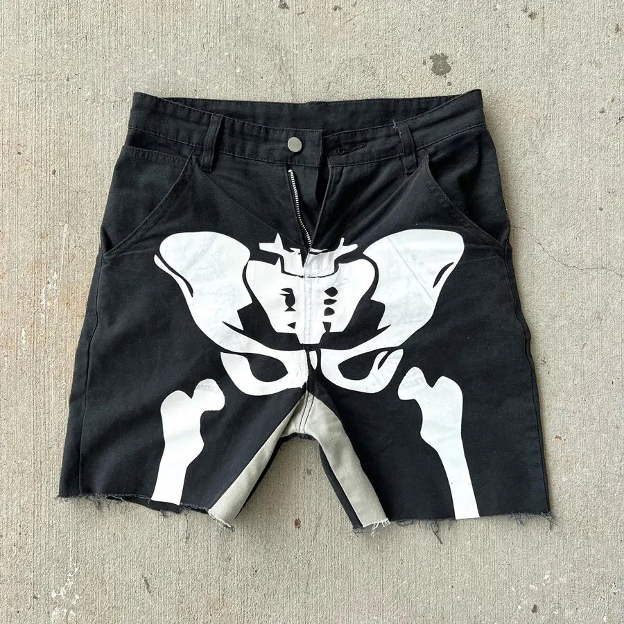 HL Manufacturer Oem Zip Fly Twill Cargo Shorts Men Custom Skeleton Graphic Print Raw Edge Hem Cotton Shorts