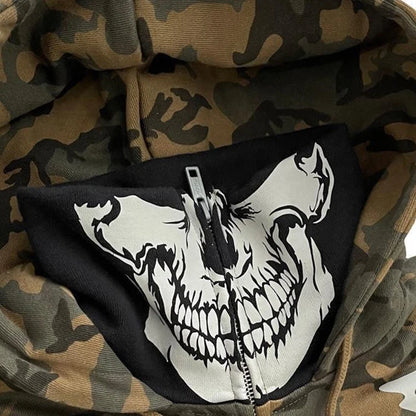 Men's clothing manufacturer zip up hoodie jacket men custom skeleton printed masked ninja jacket hooded spring streetwear jacket