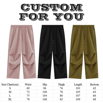 Side Zip Design Oversized Fit Unisex Nylon Track Pants Elastic Waist Men Baggy Wide Leg Parachute Pants