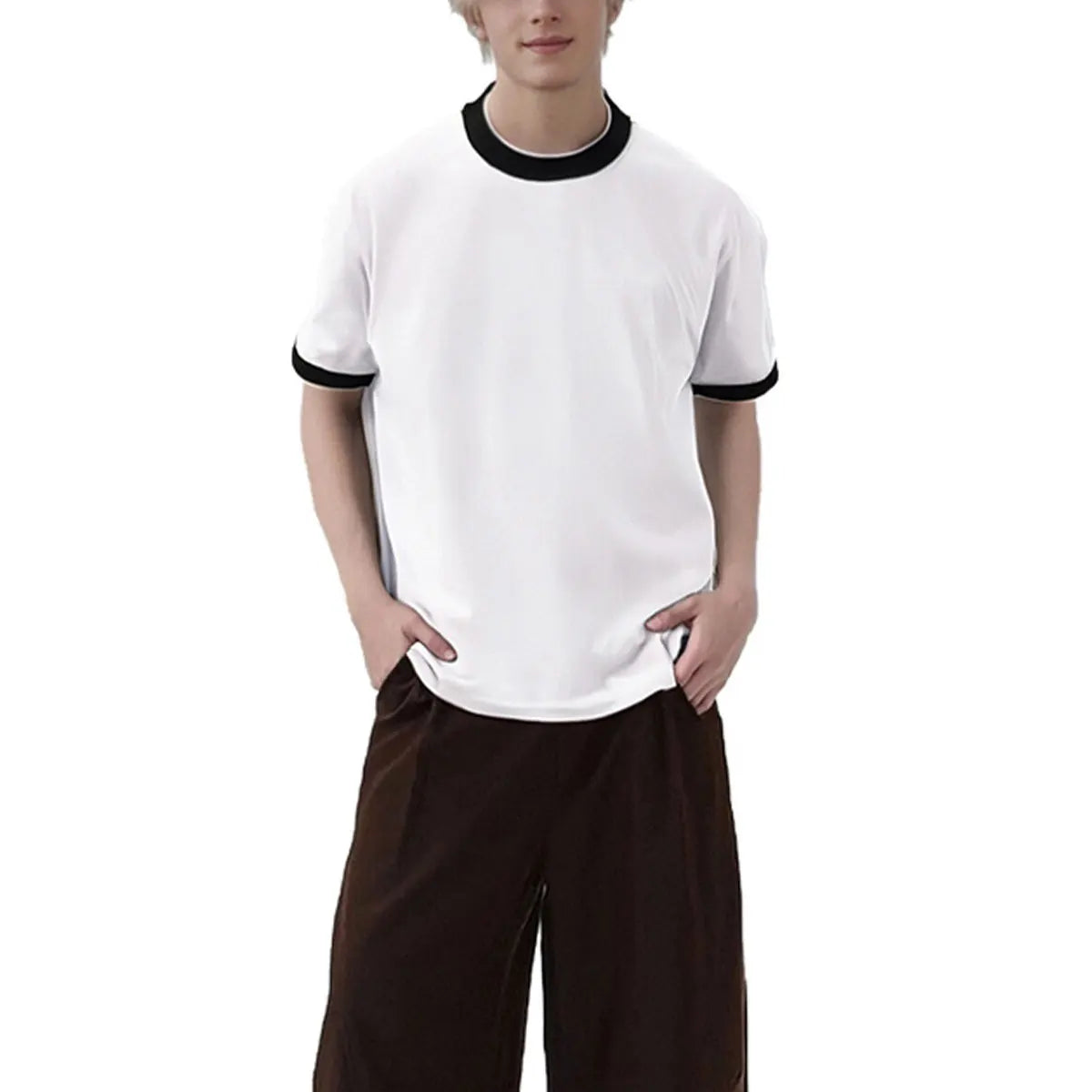 Streetwear Essential Supplier Low MOQ Vintage Classic Blank Custom Logo Mens Contrast Trim Crewneck Shirt