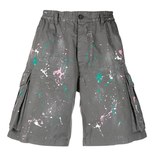 Huilin Hot Selling Thick Cotton Twill Shorts Pants Oversized Fit Men Custom Splash Graffiti Printed Vintage Cargo Shorts