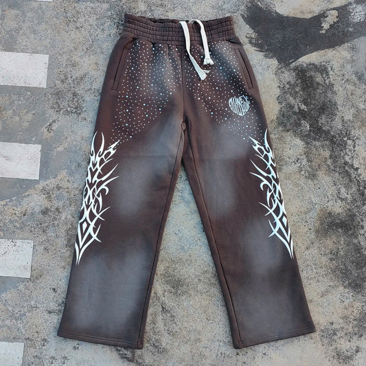 Heavyweight French Terry Vintage Washed Jogger Pants Men Custom Embroidery Logo Sunfaded Rhinestone Wide Leg Sweatpants