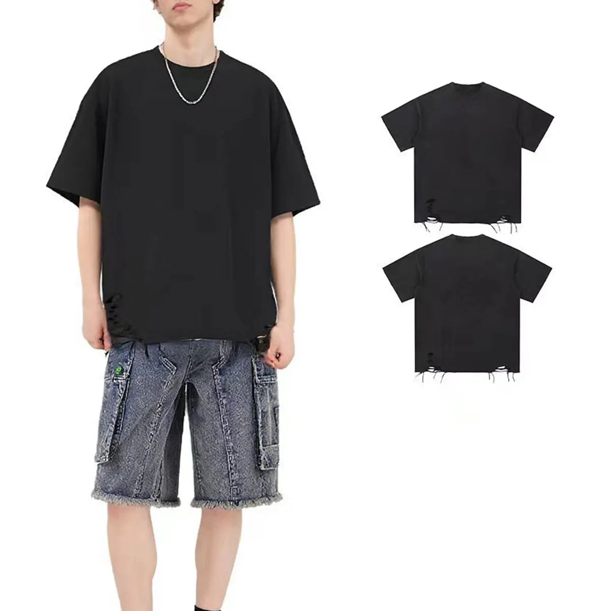 Y2K Fashion Supplier Low MOQ Vintage Acid Wash Blank Custom Logo Mens Raw Edge Crewneck Shirt
