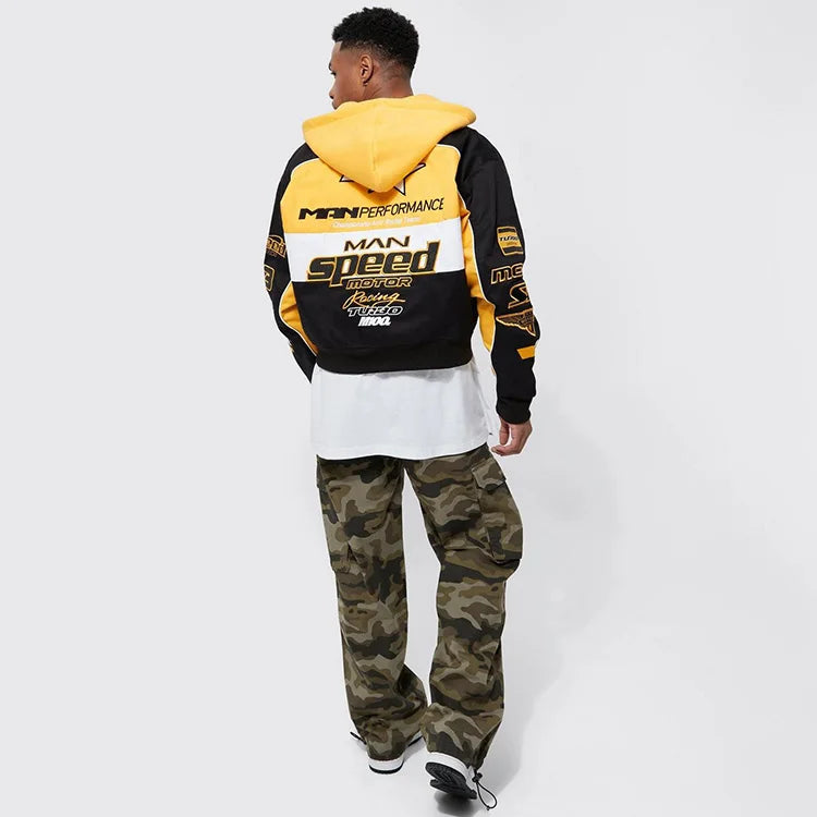 Chenille Embroidery Appliques Jacket Men Boxy Twill Jersey Hood Motorcycle Jacket Yellow Black Patchwork Race Car Jackets