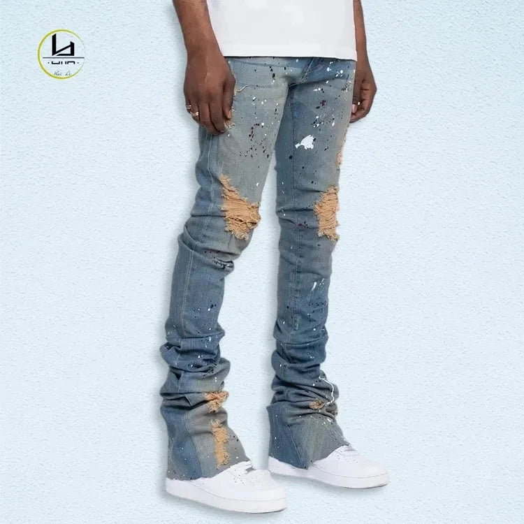 Wholesale custom vintage flared jeans paint splash skinny ripped stacked jeans men flare