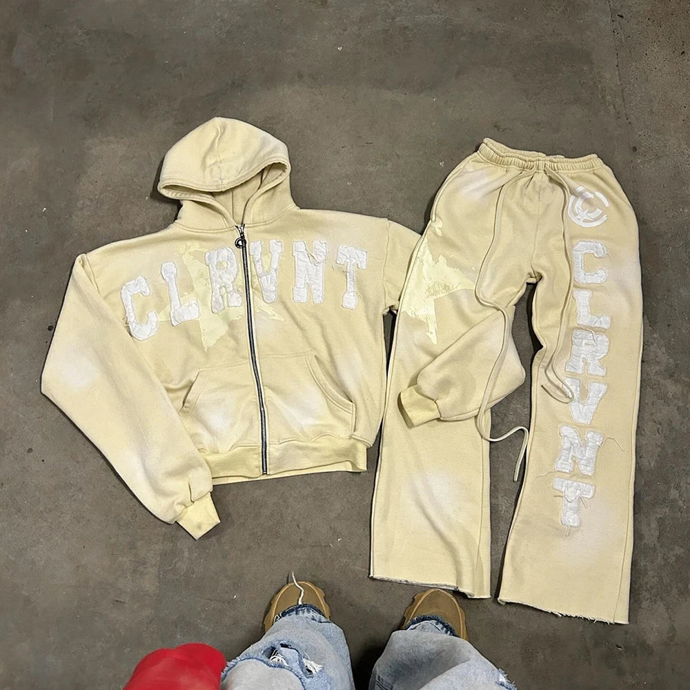 Huilin Oem Applique Embroidery Patched Hoodie Sweatpants Tracksuits Sets Men Custom Vintage Washed Two Piece Set Sweatsuits