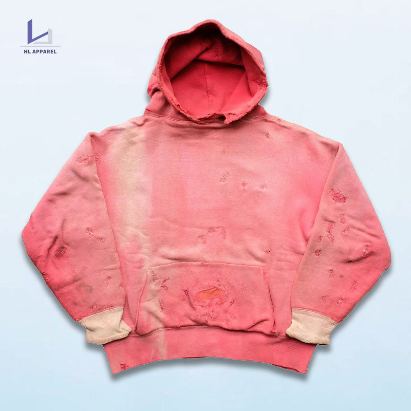HUILI FACTORY oem 100% cotton heavyweight hoodie oversized distress wash two tone sun faded hoodie