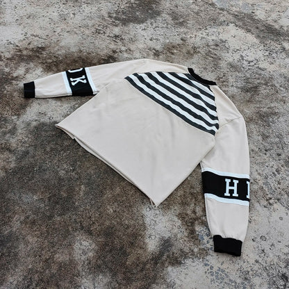 Custom 100% Cotton Heavyweight Oversized T-shirt Embroidery logo Men Color Block Raw Hem Boxy Long Sleeve T Shirt