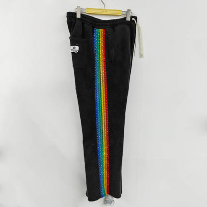 Oem Vintage gewaschene dicke Baumwoll-Jogginghose für Herren, individuelle Logo-Stickerei, gepatchte Jogginghose mit weitem Bein und seitlichen Strasssteinen