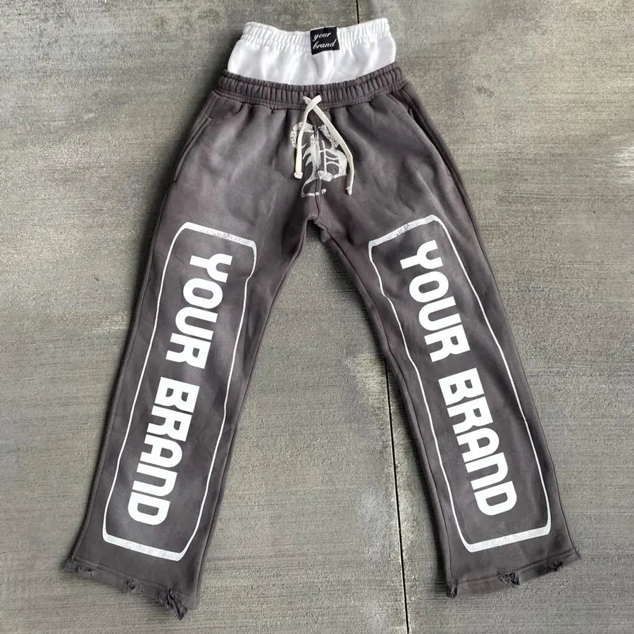 high quality custom printing logo distressed acid wash flared sweat pants men sun faded washed baggy double waisted sweatpants