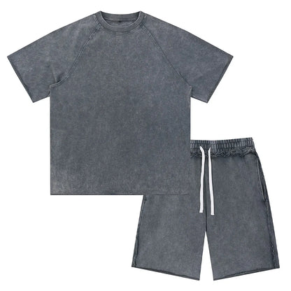 Heavyweight Cotton Supplier Low MOQ Acid Wash Garment Dye Blank Custom Print Casual Raglan Sleeve Sweatsuit Set