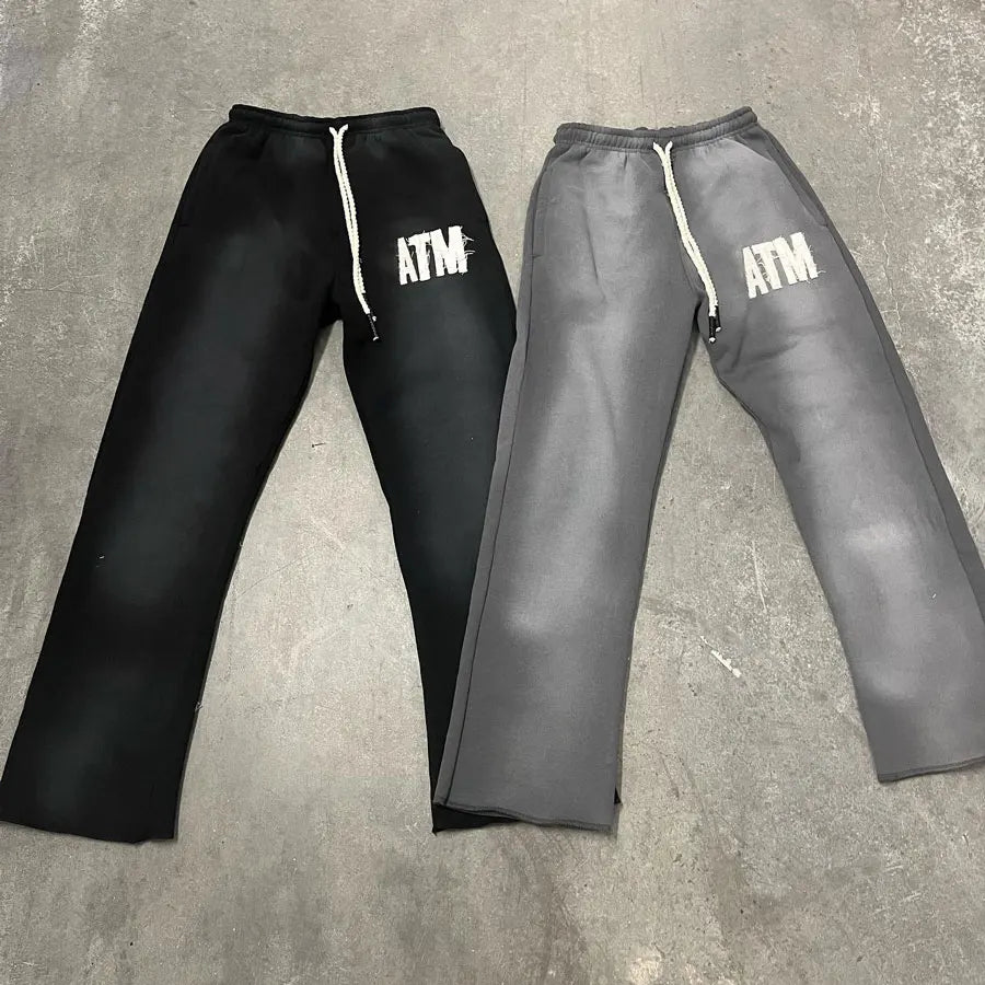 Huilin New Design Vintage Washed Sun Faded Heavyweight Cotton Sweat Pants Men Custom Applique Embroidery Logo Patched Sewatpants