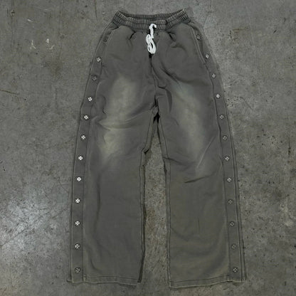 Factory New Custom Winter Thick Cotton Vintage Washed Sweat Pants Wide Leg Men Snap Button Side Sun Faded Sweatpants