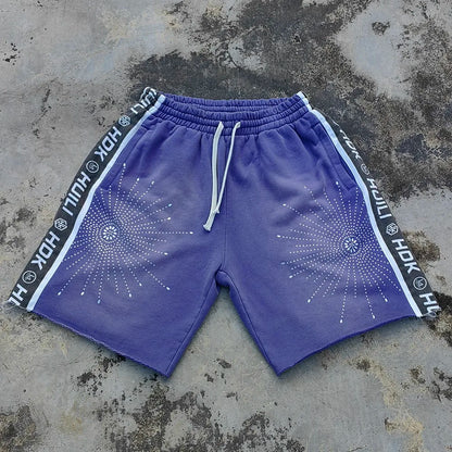 Huilin Shorts aus schwerer Baumwolle mit seitlichem Logo-Aufdruck, individuell gestaltete, sonnengebleichte, gewaschene Herren-Sweatshorts mit übergroßem, rauem Saum und Strasssteinen 