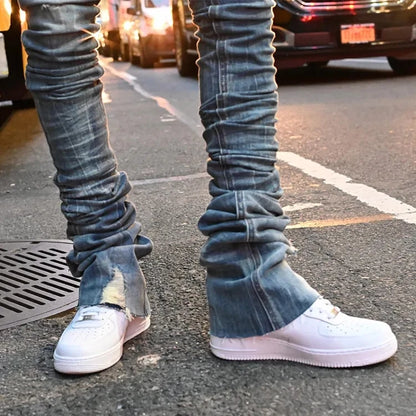 Wholesale custom vintage flared jeans paint splash skinny ripped stacked jeans men flare