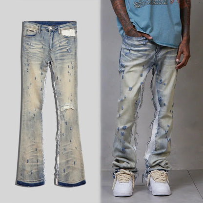 Patchwork Slim Fit Denim Jeans Men Pants Fashion Casual Wholesale Custom Ripped Stacked Flare Jeans