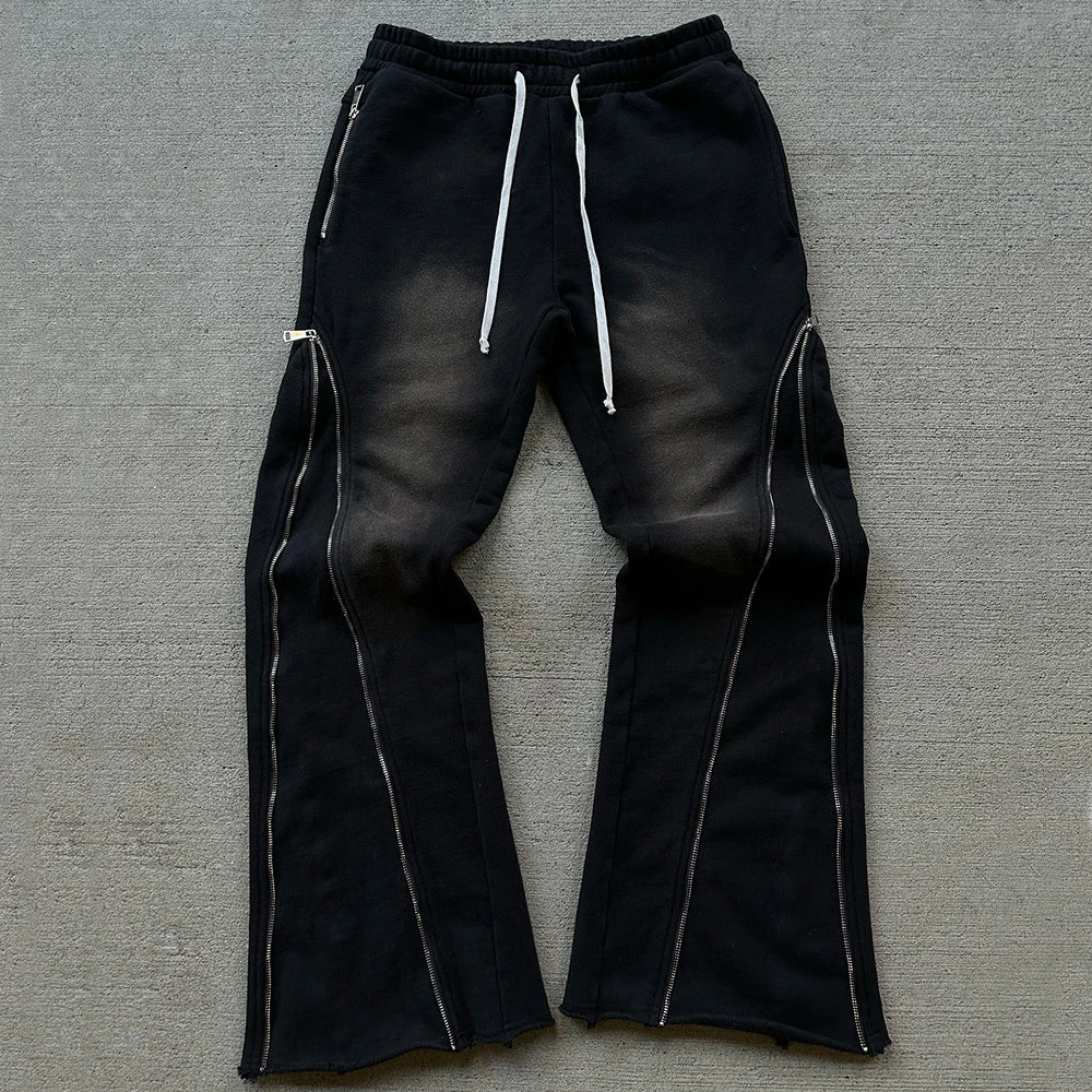 Huilin Vintage Washed Thick Cotton Streetwear Jogger Pants Custom Sun Faded Men Zipper Design Flared Leg Sweatpants