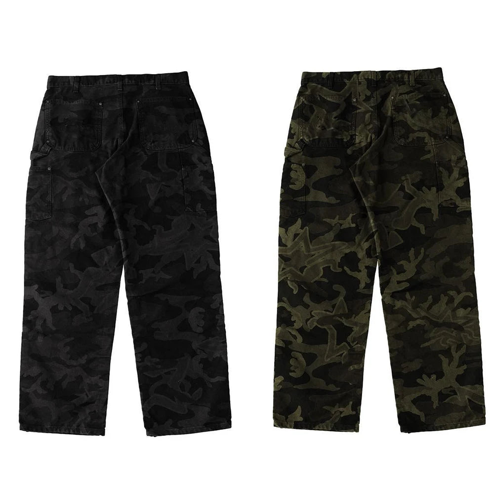 Huilin Manufacturer Oem Tactical Carpenter Outdoor Pants Trousers Custom Allover Camo Printed Men Ripstop Wide Leg Cargo Pants