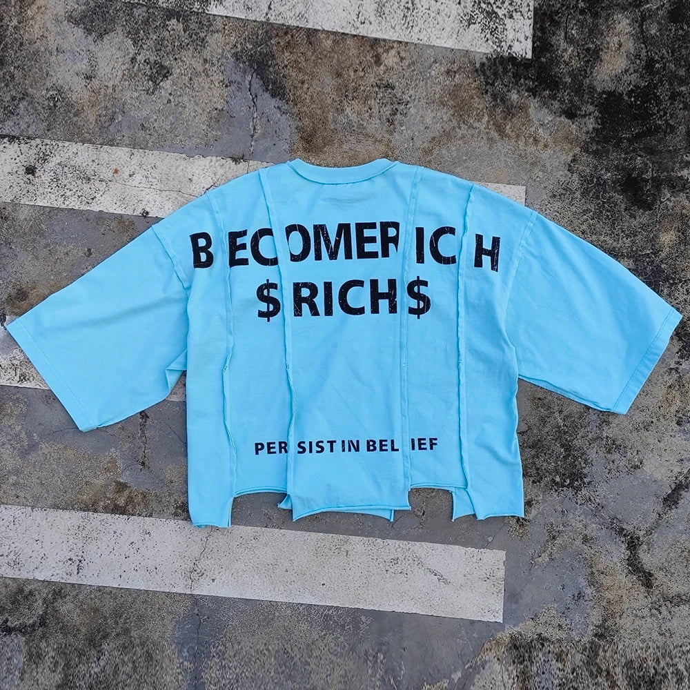 Asymmetrical Raw Hem Unisex Bozy Tshirts Custom Screen Printing Men Heavyweight 100% Cotton Oversized Graphic T Shirt