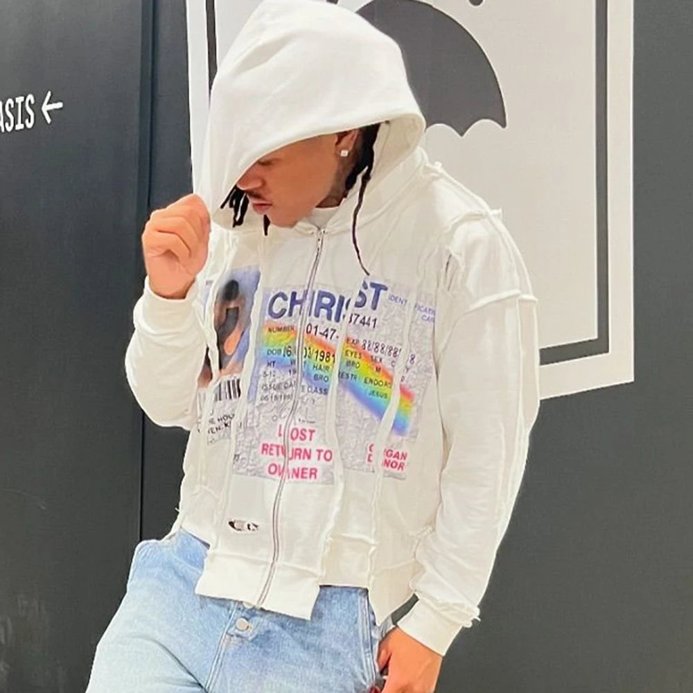 New Arrival Oversized Fit Mens Heavyweight Cotton Zip Up Hoodies Custom Graphic Printed Men Asymmetrical Hem Ripped Hoodie