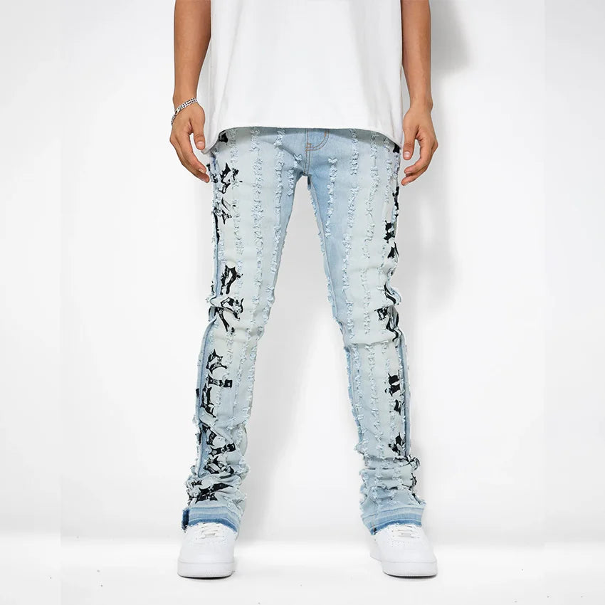 High Quality Customized Skinny Jeans Frayed Raw Edges Alphabet Embroidery Stacked Jeans Men