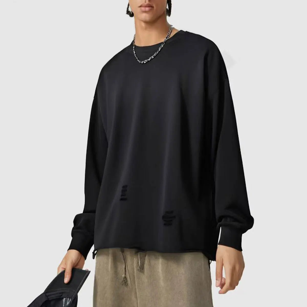 Trending Streetwear Supplier Low MOQ Vintage Heavyweight Blank Custom Logo Mens Oversized Distressed Long Sleeve Tee