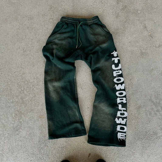 Sunfaded Vintage Washed Thick Cotton Sweatpants Men Custom Embroidery Logo Patched Wide Leg Sweatpants