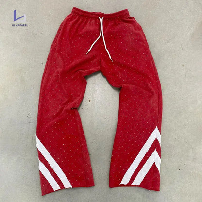 Factory Oem Custom Wide Leg Flared Sweatpants Men Rhinestone Drawstring Waist Raw Hem Sweatpants