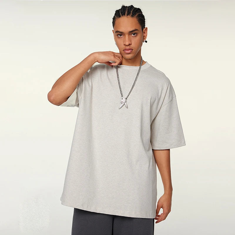 Huili Wholesale 2024 Summer Spring Street Loose Shape 345G Heavyweight Cotton Solid Color Short Sleeve Men's T-Shirts Unisex