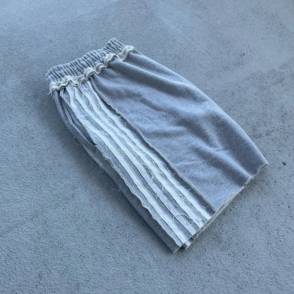 Huilin Oem Heavyweight Cotton French Terry Shorts Custom Striped Side Men Distressed Raw Hem Wide Leg Streetwear Sweat Shorts