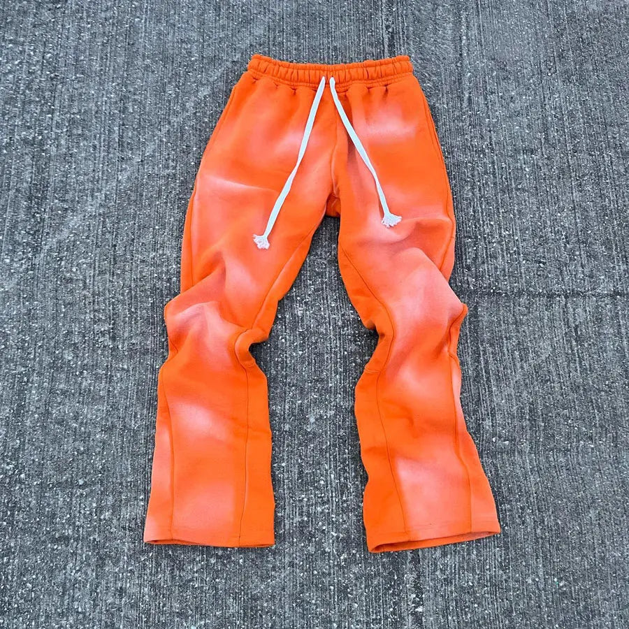 HL Oem Vintage Washed Stripe Sweat Pants Custom 100% Cotton Sun Faded Men Embroidery Logo Patched Double Waist Flare Sweatpants