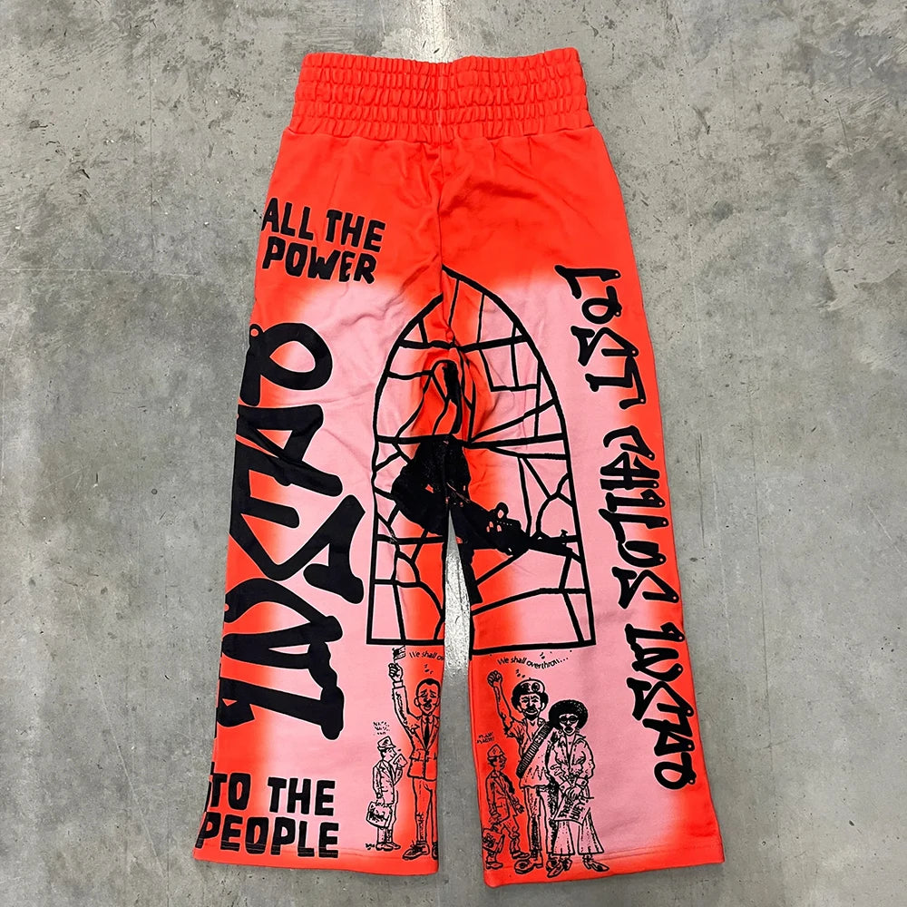 Huilin Oem Streetwear Pants Custom Screen Printing Graphic Heavyweight Cotton Pants Men Vintage Washed Wide Leg Baggy Sweatpants