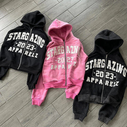Oem High Quality Retro Washed Zip Up Hoodies Custom Oversized Fit Men Embroidery Logo Patched Rhinestone Vintage Hoodie