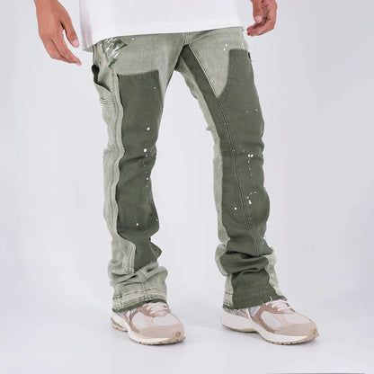 Men's Casual Denim Pants Custom Designer Style Carpenter Jeans Green Slim Fit Stack Flare Jeans Men