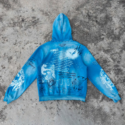 Custom Acid Wash Heavyweight French Terry Hoodies Screen Printing Pullover Men Distressed Vintage Pullover Hoodie