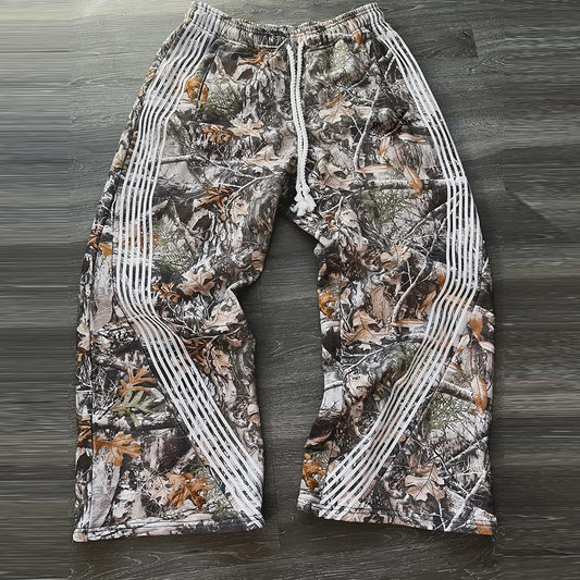 Hot Selling Heavyweight Thick Cotton Wide Leg Track Pants Men Custom Allover Printed Striped Trimmed Camo Sweatpants