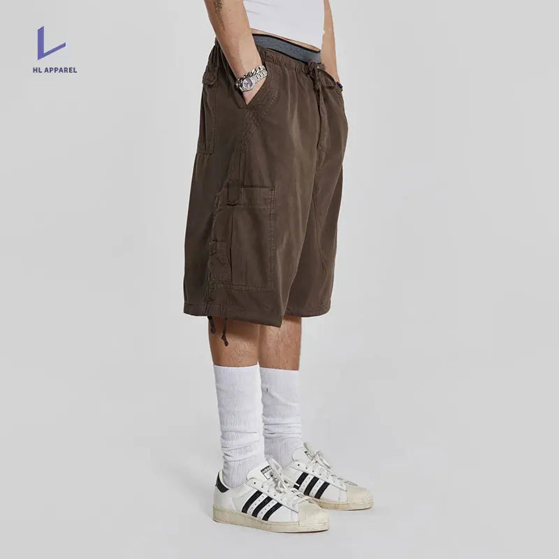 Huilin Clothing Factory 100% Cotton Shorts Pants Men Oversized Wide Leg Shorts Custom Big Pocket Streetwear Baggy Cargo Shorts