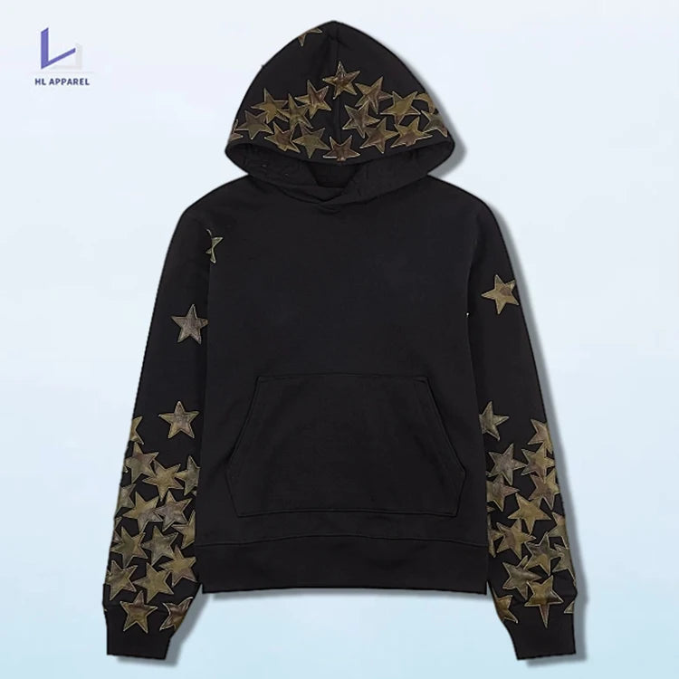 HL manufacturer wholesale men retro applique embroider garment dyed streetwear custom vintage washed star patch embroidery hoody