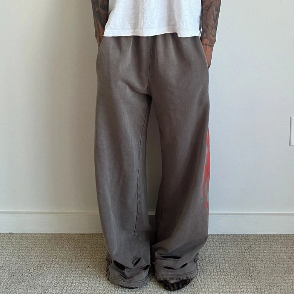 Heavyweight Cotton Vintage Sweat Pants Custom Printing Men Acid Washed Distressed Oversized Wide Leg Baggy Sweatpsnts