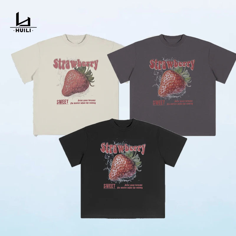 Huili Wholesale Men's Clothing 2024 Spring And Summer Loose Short Sleeve t T-shirt Strawberry Printed Unisex T-shirt